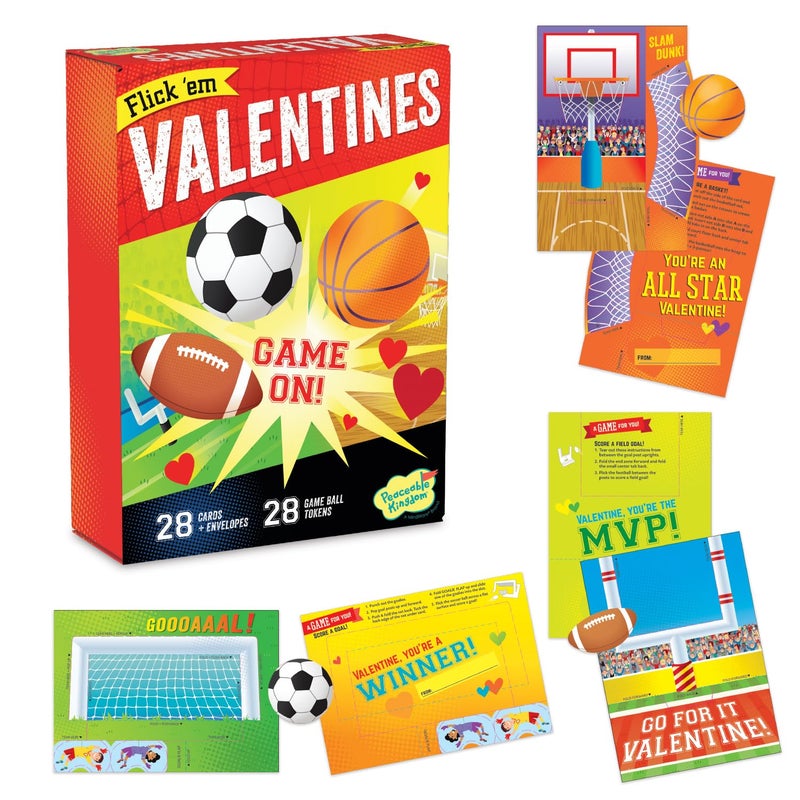 Peaceable Kingdom Valentines Cards for Kids Classroom, Set of 28 Valentines Day Gifts - Flick 'em Sports Games - Image 1